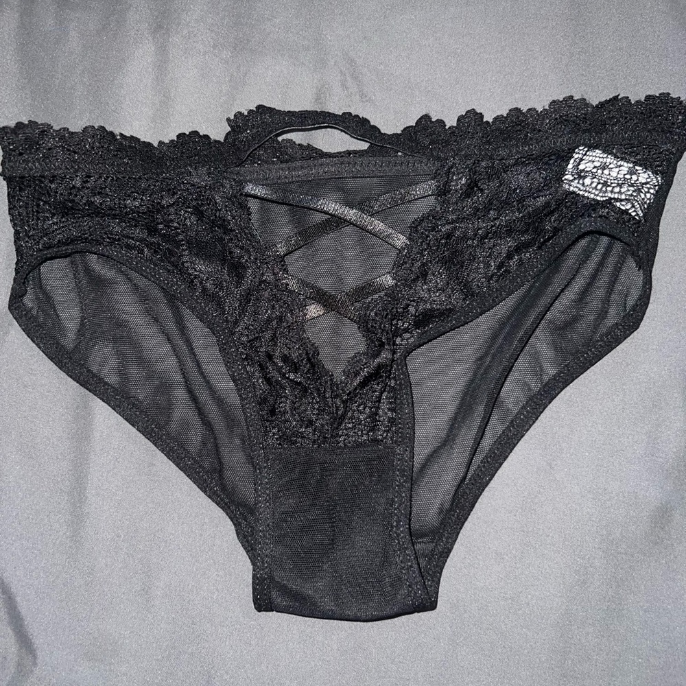 Knotty knickers black mesh underwear with lace and cross stichting above crotch